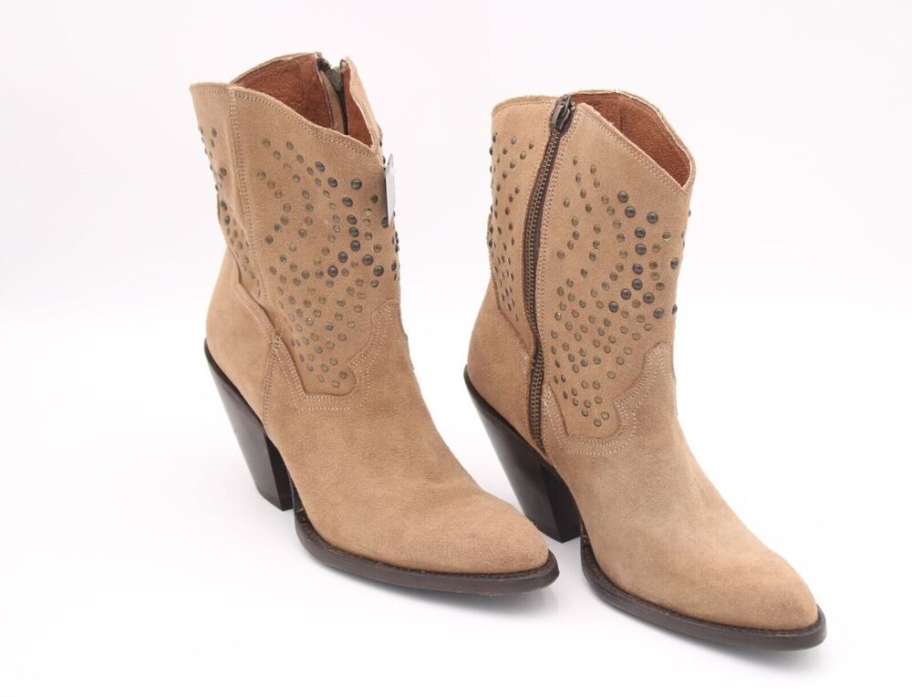Dan Post Tan Suede Western Boots Studded Perforated Ankle Booties Sz 9 Western